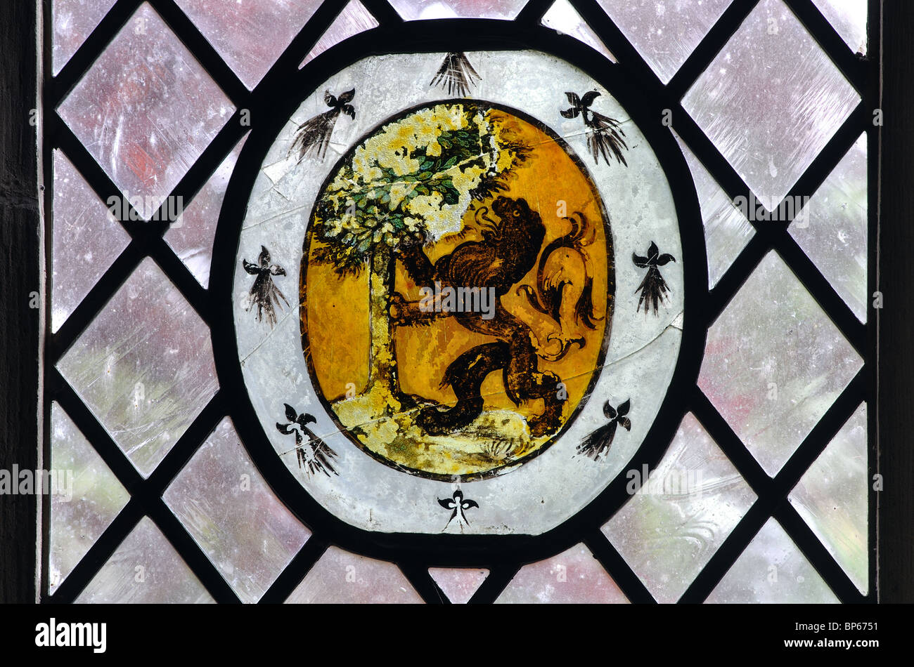 Heraldic stained glass in St. Mary`s Church, Turville, Buckinghamshire, England, UK Stock Photo
